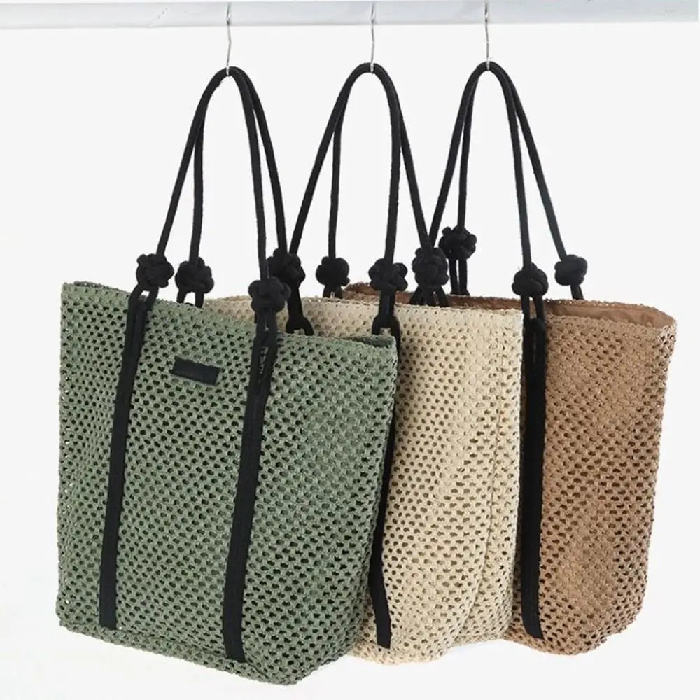 Handmade Straw Woven Bags Large Capacity Zipper Closure Beach Handbags Top-Handle Solid Color Women's Shoulder Bags