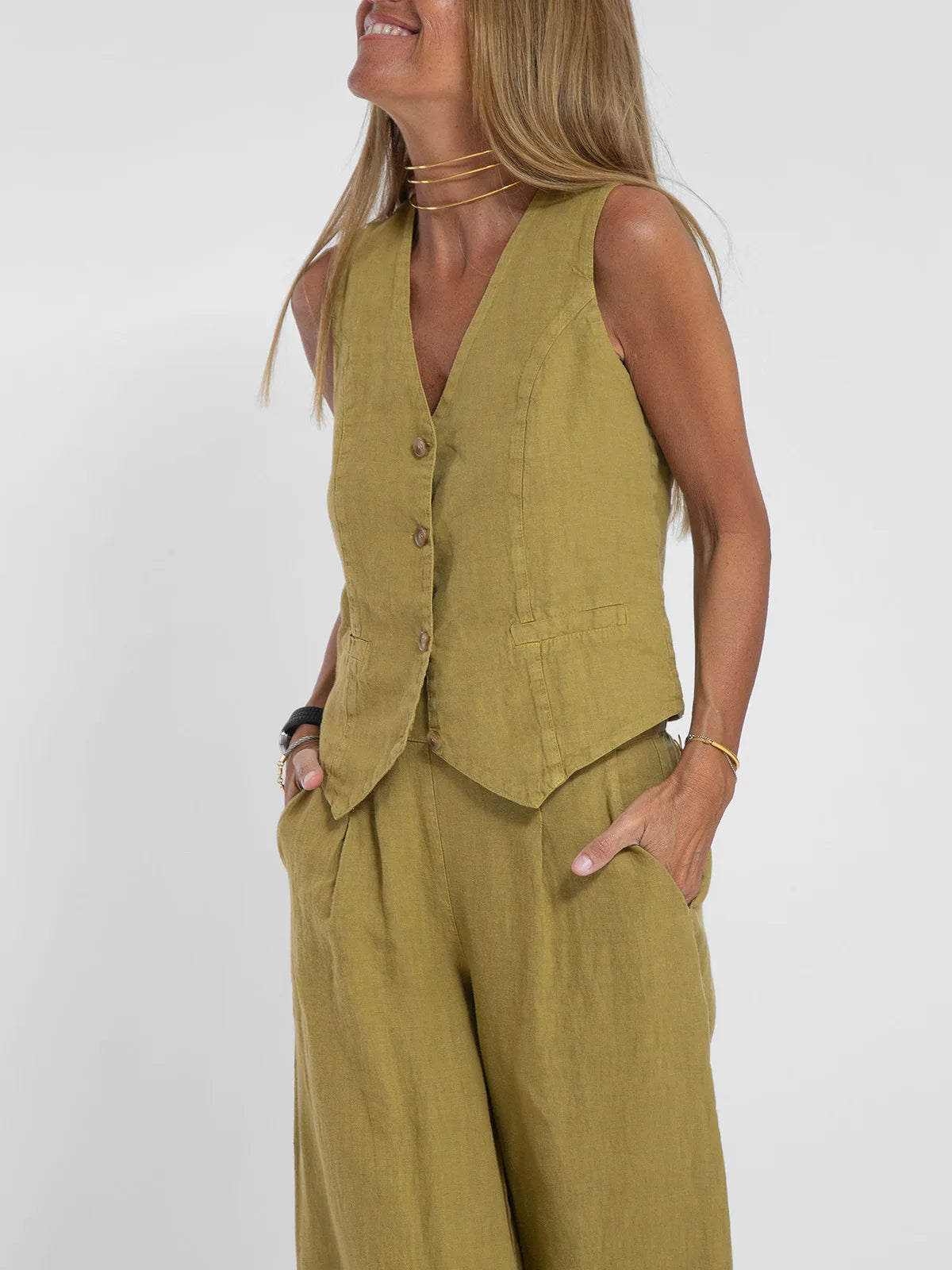 2025 New Women Vest Top + Trousers Patchwork Cotton Linen Casual Suit Summer Solid Women Vest Top + Wide Leg Pants Two Peice Set