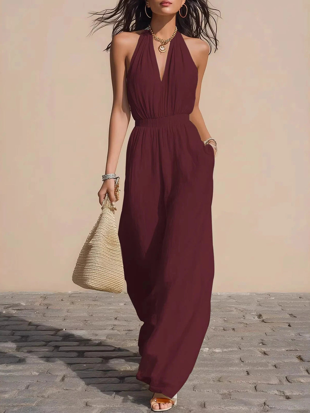 Women's Casual Faux Linen Blend Halter Jumpsuit 2026 New Elegant Solid Color Loose Pants Vacation Outfits With Pockets Jumpsuits