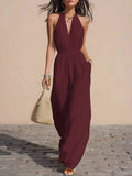 Women's Casual Faux Linen Blend Halter Jumpsuit 2026 New Elegant Solid Color Loose Pants Vacation Outfits With Pockets Jumpsuits