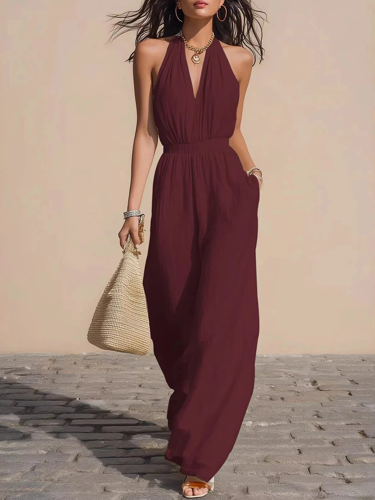 Women's Casual Faux Linen Blend Halter Jumpsuit 2026 New Elegant Solid Color Loose Pants Vacation Outfits With Pockets Jumpsuits
