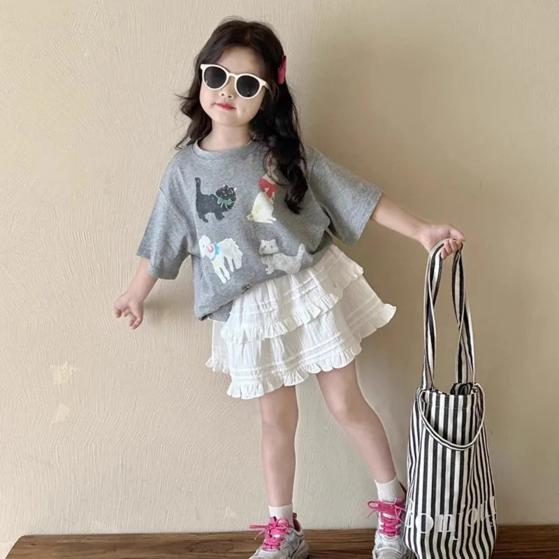 Girls Kids Summer T-Shirt 2026 New Cute Cartoon Print Short Sleeve Tee Casual Loose Fit 100% Cotton Top for Hot Weather