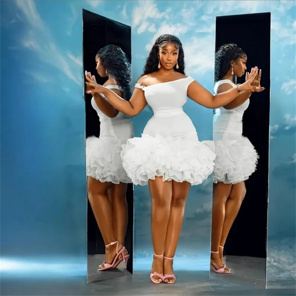 Sexy White Short Prom Dress For Black Girls Ruffles Pearls Off Shoulder Homecoming Gown Birthday Party Customized 
