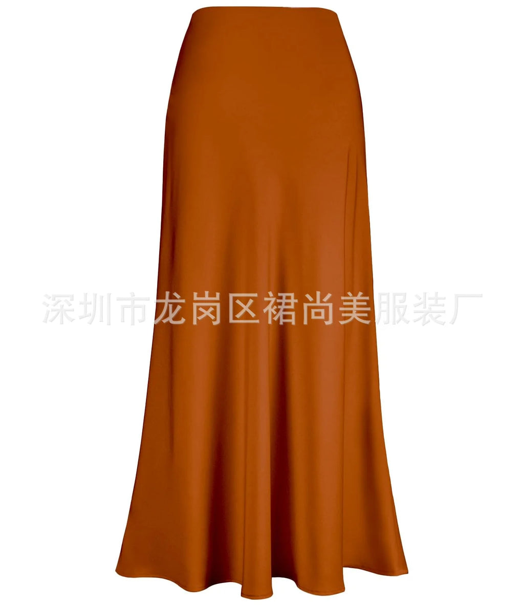 Elegant Faux Silk Satin Skirts for Women High Waist A-line Office Lady  Solid Color Glossy Finish Fishtail Skirt