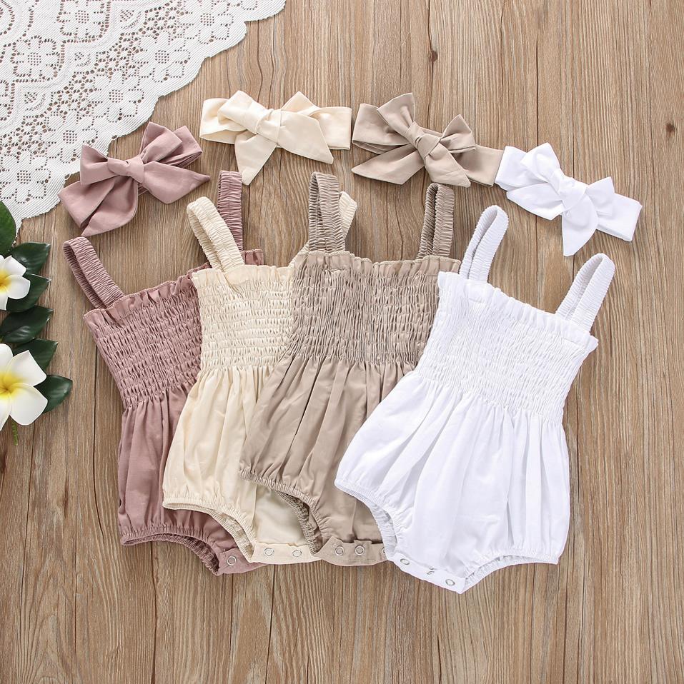 Newborn Baby Girl Romper Sleeveless Ruched Bodysuit Jumpsuit with Headband Infant Summer Baby Girls Clothes Outfits