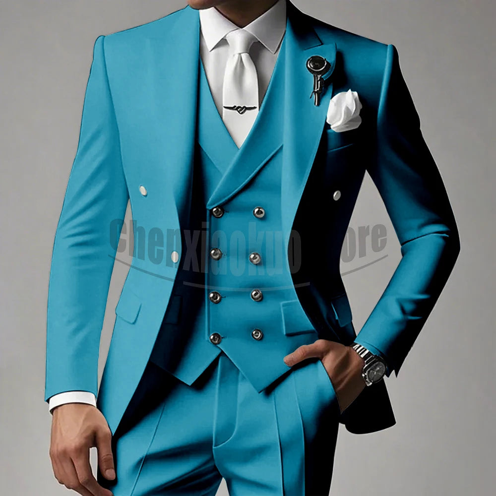 White Men Suits 3 Piece High-end Peak Lapel Solid Color Male Suit Slim Fashion Party Groom Wedding Tuxedos (Blazer+Vest+Pants)