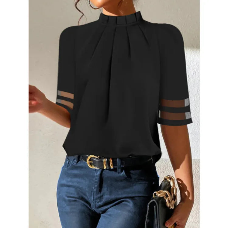 Women's Fashion Black Short-sleeved Shirt Ladies Elegant Casual Turtleneck Top Simple Shirts Women Clothes Summer