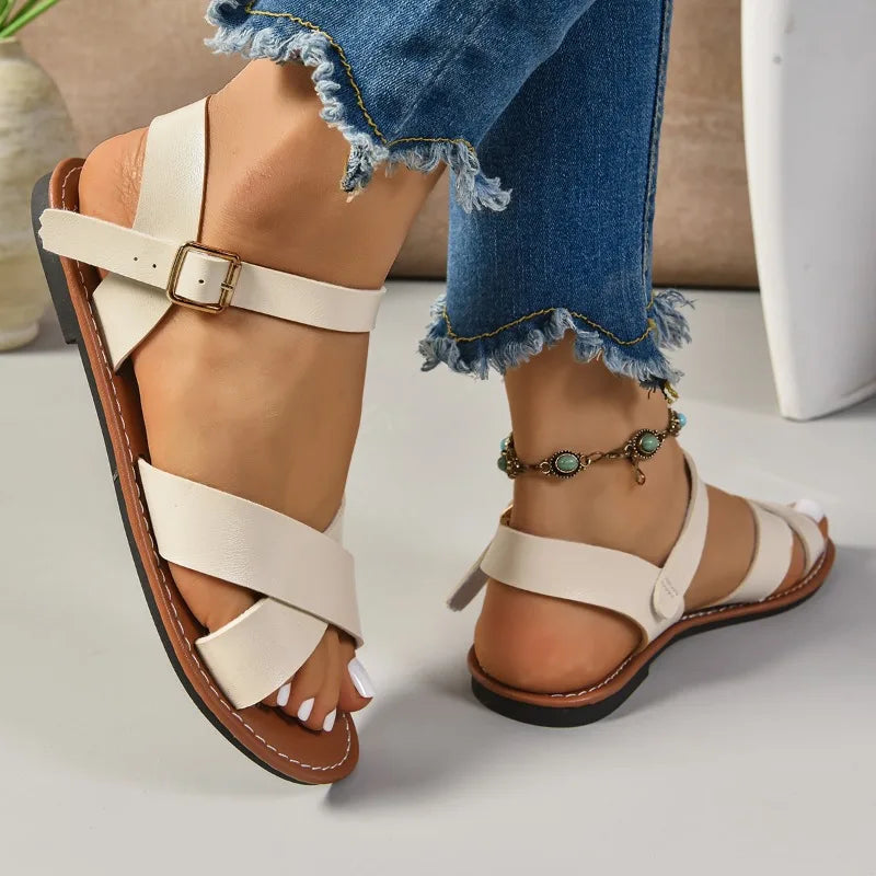 Shoes for Women Summer New Women Flat Sandals Bottom Roman Strap Sandals with Non Slip Rubber Soles Ladies Daily Sandalia