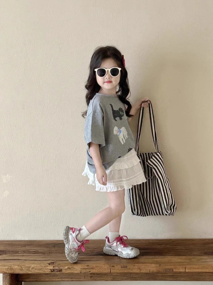Girls Kids Summer T-Shirt 2026 New Cute Cartoon Print Short Sleeve Tee Casual Loose Fit 100% Cotton Top for Hot Weather