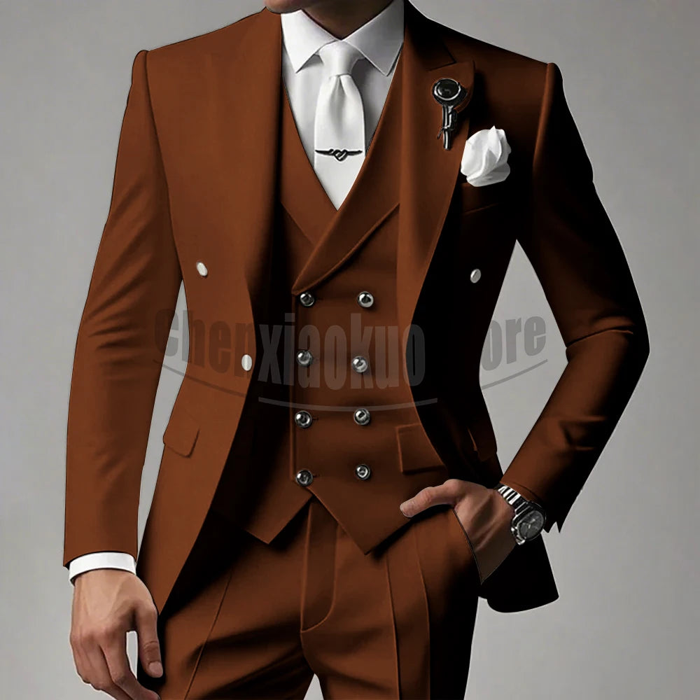 White Men Suits 3 Piece High-end Peak Lapel Solid Color Male Suit Slim Fashion Party Groom Wedding Tuxedos (Blazer+Vest+Pants)