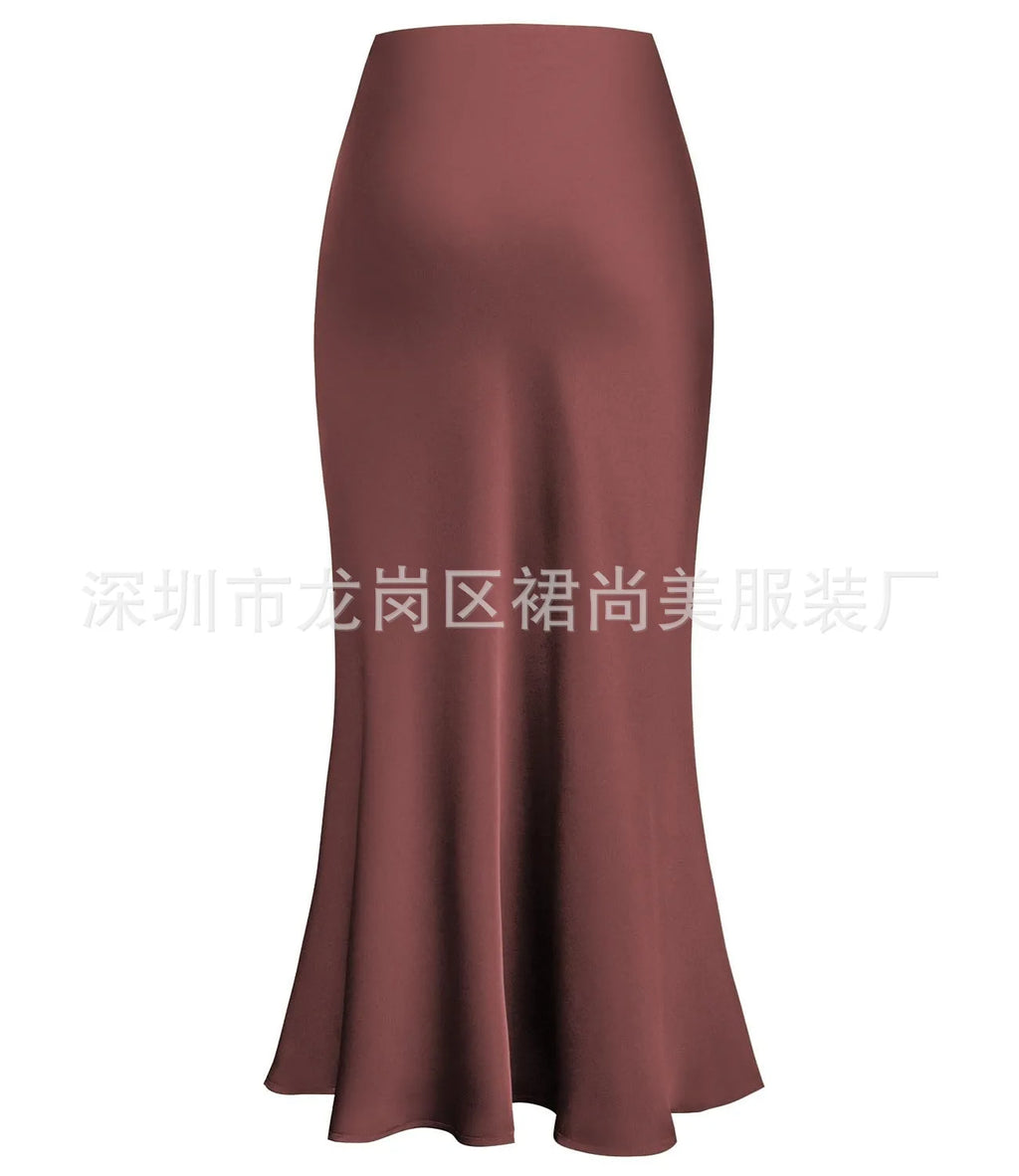 Elegant Faux Silk Satin Skirts for Women High Waist A-line Office Lady  Solid Color Glossy Finish Fishtail Skirt