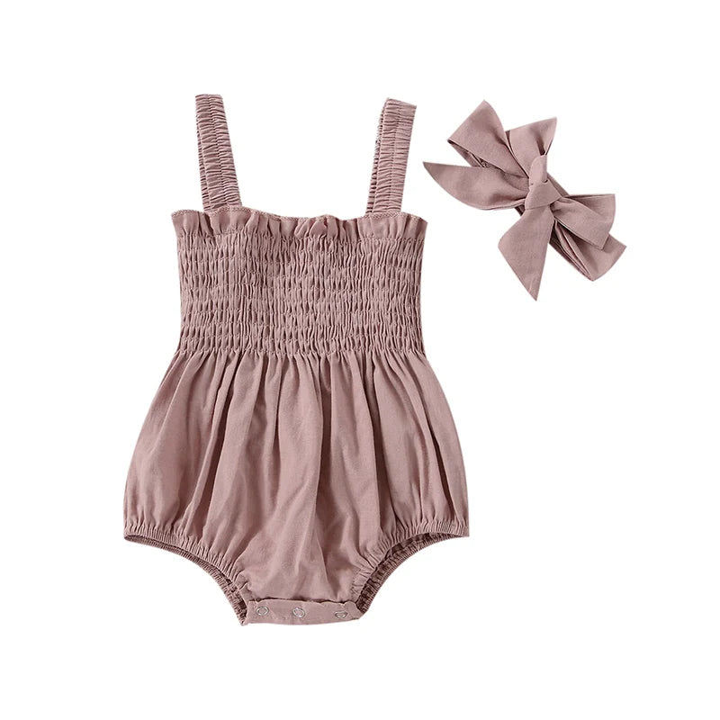 Newborn Baby Girl Romper Sleeveless Ruched Bodysuit Jumpsuit with Headband Infant Summer Baby Girls Clothes Outfits