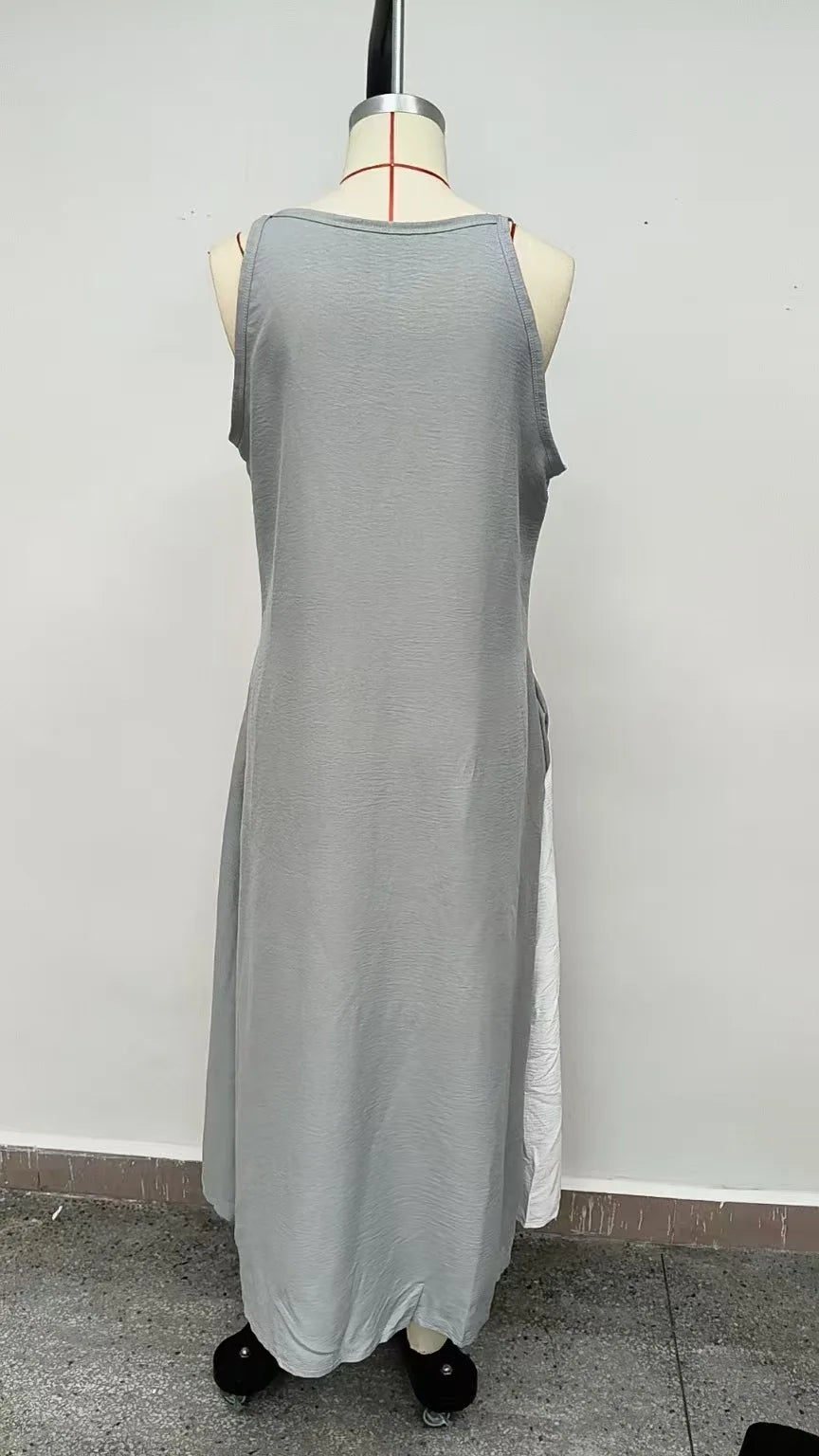 New women’s clothing: sleeveless, loose-fitting, color-blocked, casual, off-the-shoulder dress.