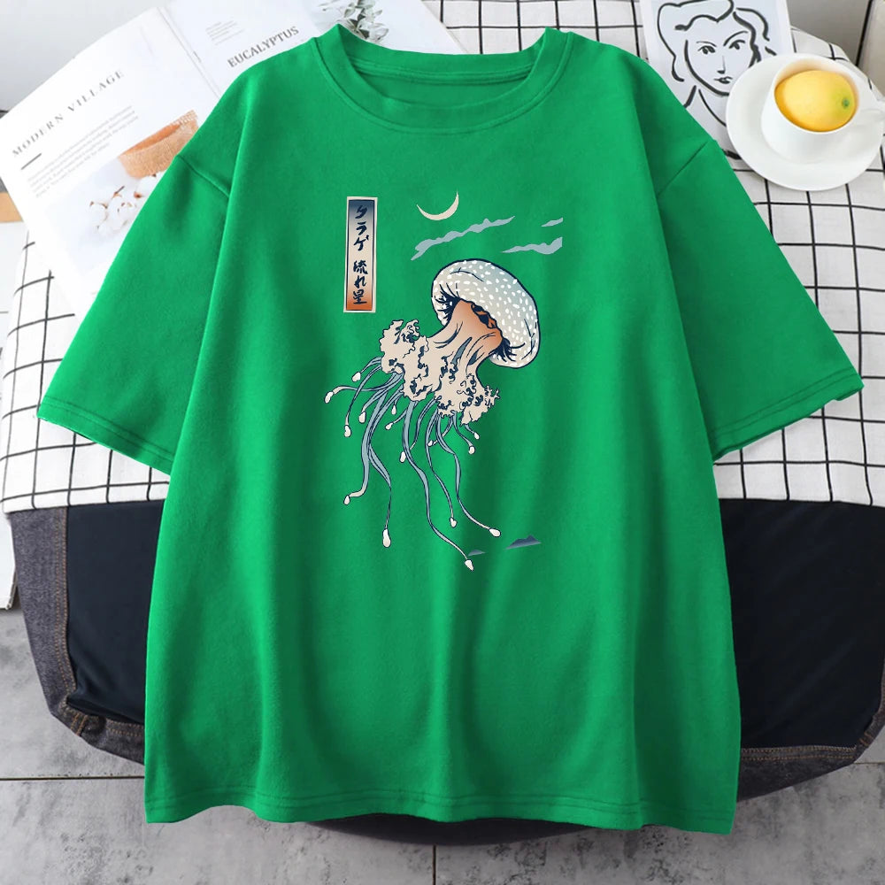 Swimming Colorful Jellyfish Print Mens Short Sleeve Japanese Harajuku O-Neck Tops All-math Oversize Vintage Man Cotton T-Shirts