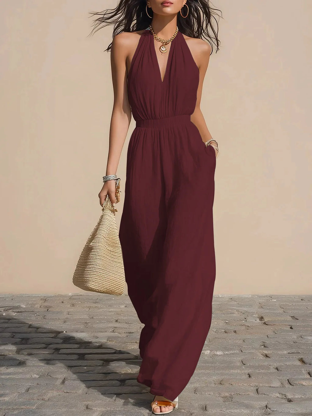 Summer New Casual Wide Leg Romper Women's Solid Halter Neck Backless Jumpsuit Sexy Deep V-Neck Elastic Waist Sleeveless Jumpsuit