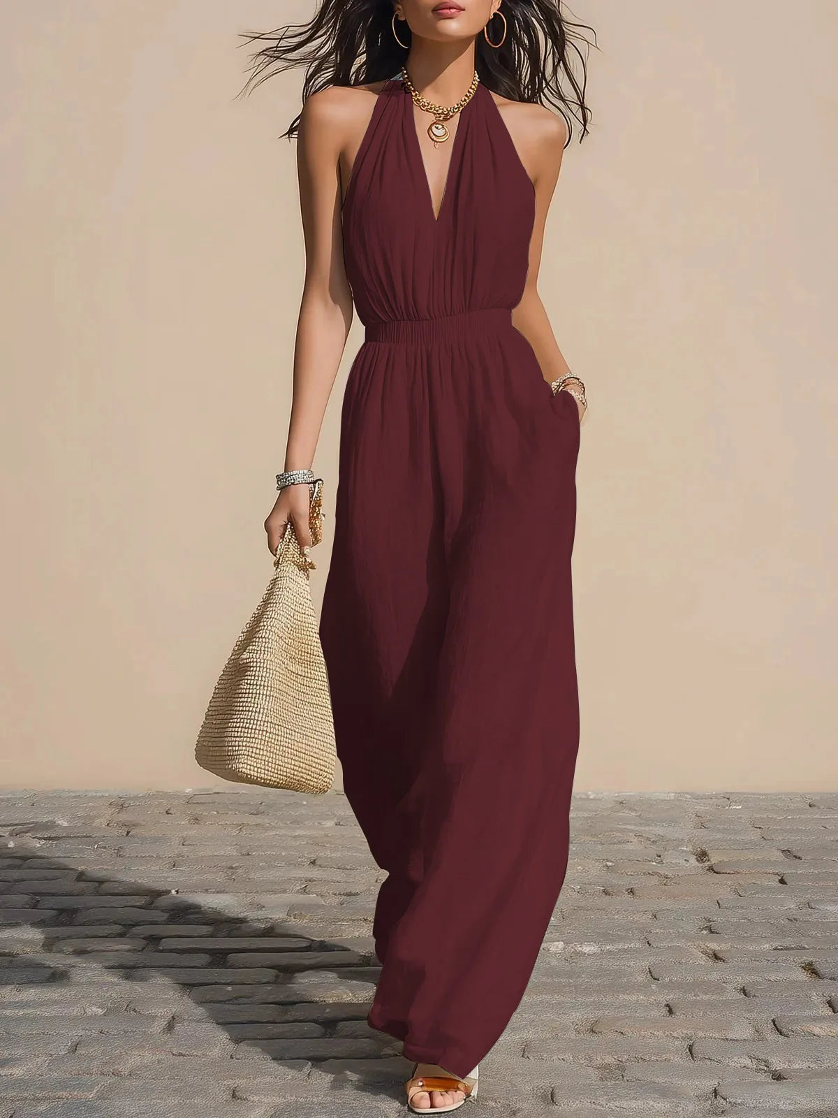 Summer New Casual Wide Leg Romper Women's Solid Halter Neck Backless Jumpsuit Sexy Deep V-Neck Elastic Waist Sleeveless Jumpsuit