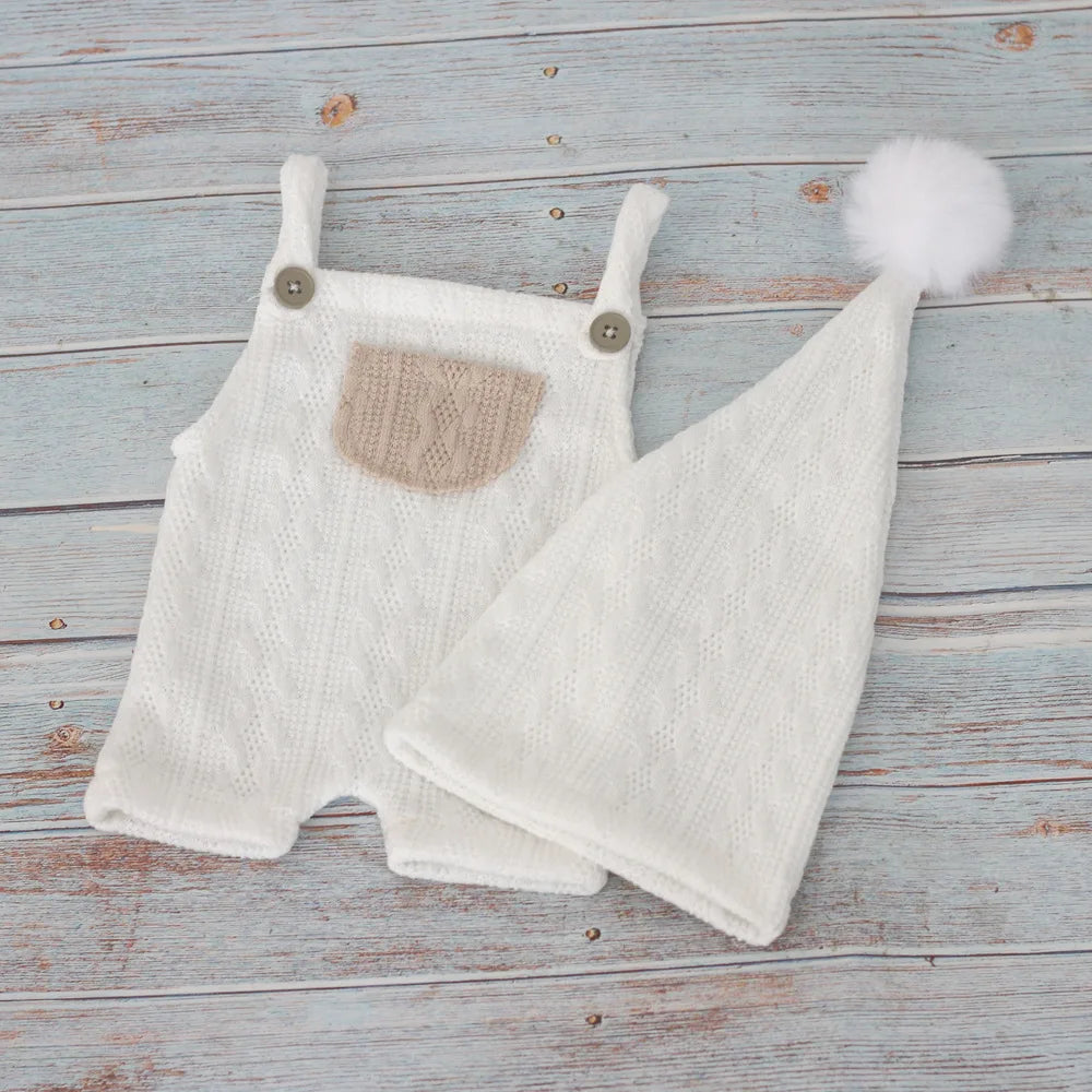 Newborn Baby Photography Clothes Outfits Knitted Infant Boy Girl Photo Shoot Clothing Sets Suspender Pants Hat With Fur Pompom