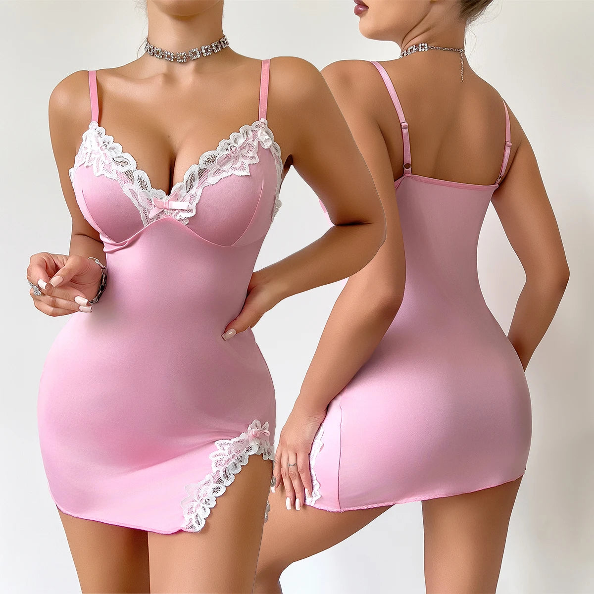 Summer hot Women Nightdress Seductive Pink Deep V Sleeveless Fashion Lace Sleep Pajamas Dress Ladies Lingerie Nightgown Homewear