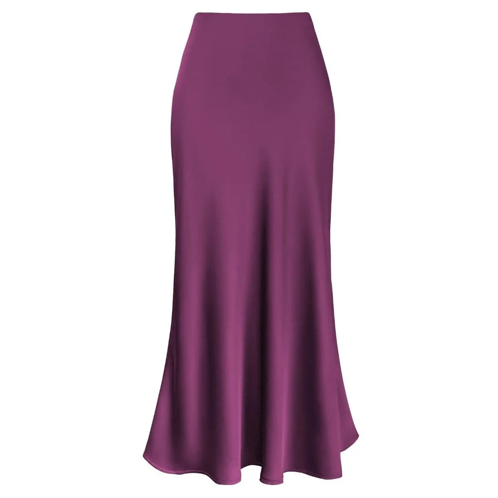 Elegant Faux Silk Satin Skirts for Women High Waist A-line Office Lady  Solid Color Glossy Finish Fishtail Skirt