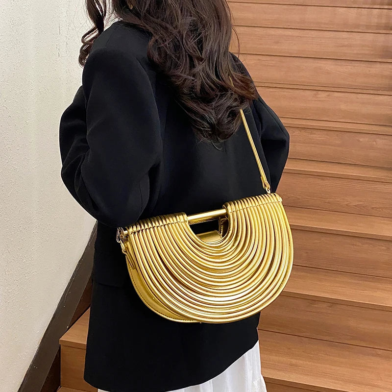 Handbags for Women. New Gold Luxury Designer Brand Handwoven Noodle Bags Rope Knotted Pulled Half Moon Silver Evening Clutch
