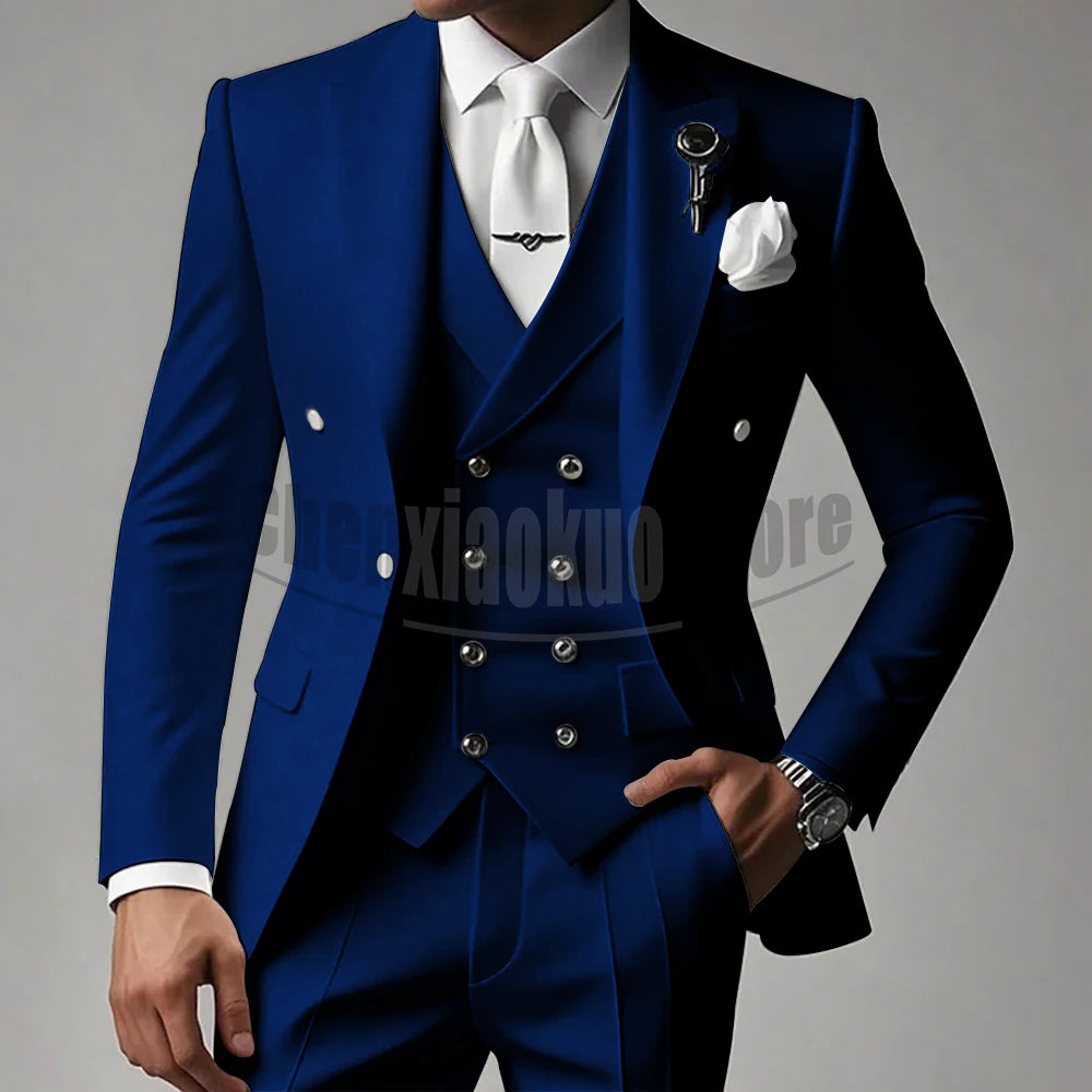White Men Suits 3 Piece High-end Peak Lapel Solid Color Male Suit Slim Fashion Party Groom Wedding Tuxedos (Blazer+Vest+Pants)