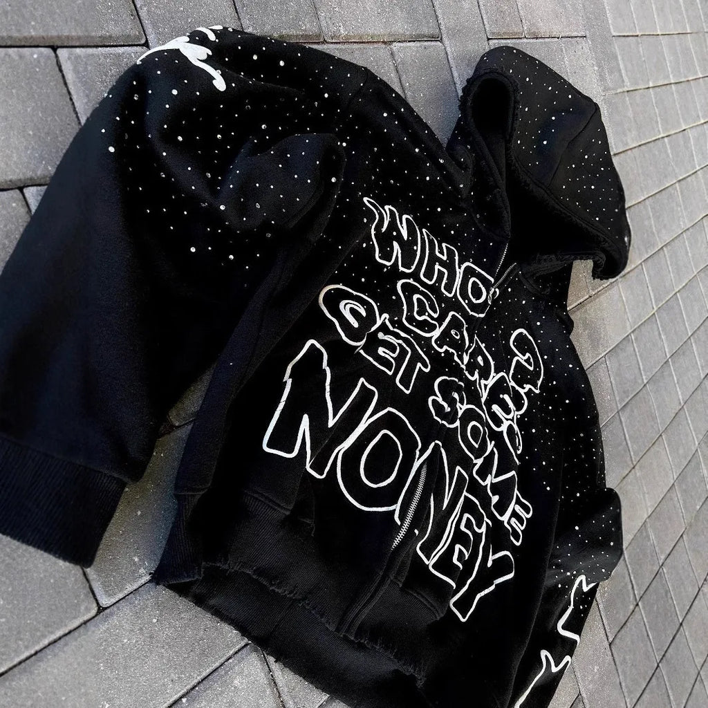 Y2K trendy American letter pattern loose casual hooded zipper retro hoodie fashionable jacket