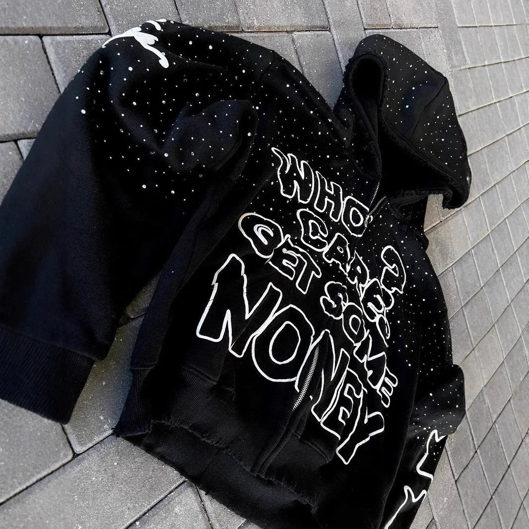 Y2K trendy American letter pattern loose casual hooded zipper retro hoodie fashionable jacket