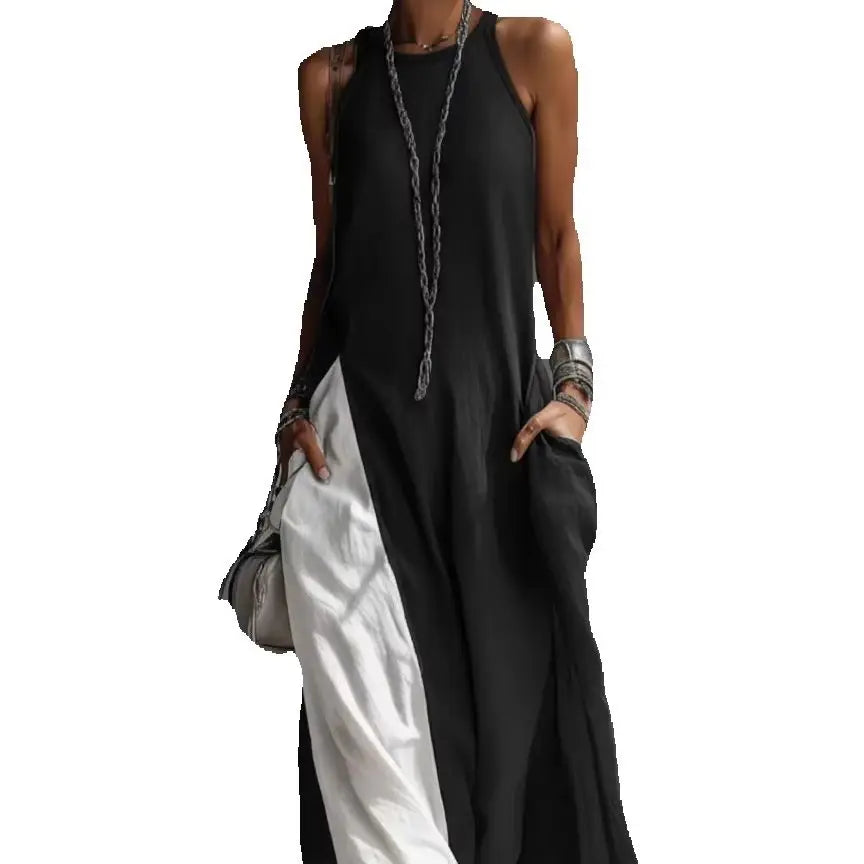 New women’s clothing: sleeveless, loose-fitting, color-blocked, casual, off-the-shoulder dress.