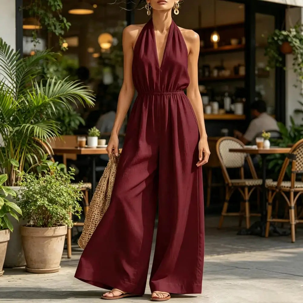 Temperament Elegant Halter Neck Jumpsuits Women Sexy Deep V-neck Backless High Waist Wide Leg Jumpsuit Solid Color Female New