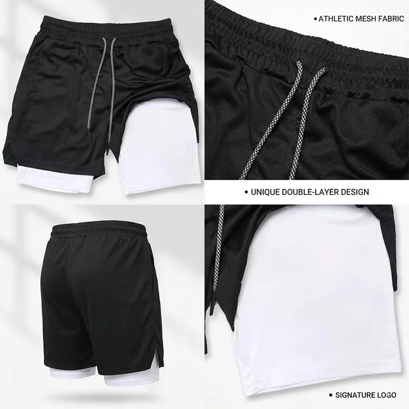 Summer bottom wear running shorts, men's fitness gym training 2-in-1 sports shorts, quick-drying exercise jogging double-layer s