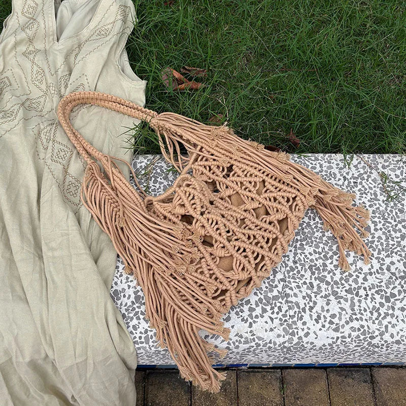 New Bohemian Hand-woven Bag Tote Hollow Beach Bags For Women Handbag Handmade Woven Shoulder Bag Summer Travel Bag