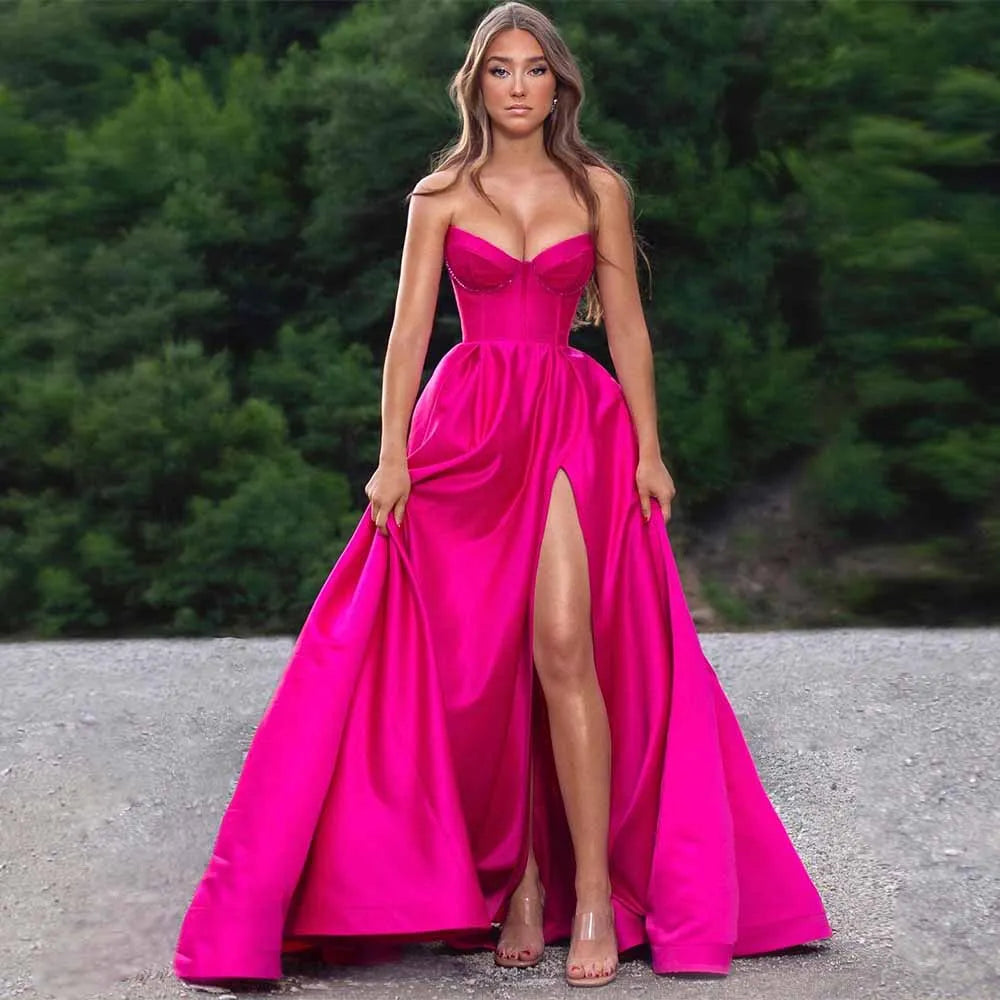 Romantic Prom Dresses for Ladies Satin A-line Celebrity Dress Fuchsia Sweetheart Split Ruched Evening Dress Long