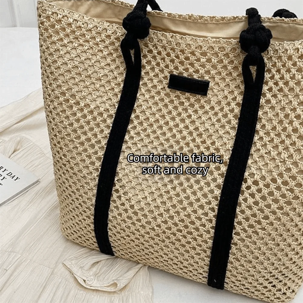 Handmade Straw Woven Bags Large Capacity Zipper Closure Beach Handbags Top-Handle Solid Color Women's Shoulder Bags