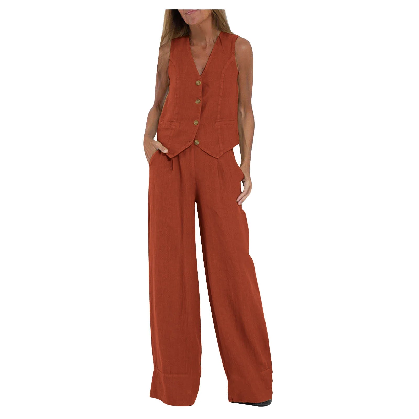 2025 New Women Vest Top + Trousers Patchwork Cotton Linen Casual Suit Summer Solid Women Vest Top + Wide Leg Pants Two Peice Set