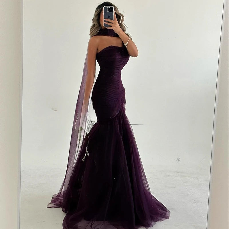 Prom Evening Dresses. Mermaid Strapless Saudi Arabia Tulle Party Dress Formal Cocktail Prom Gowns Customized
