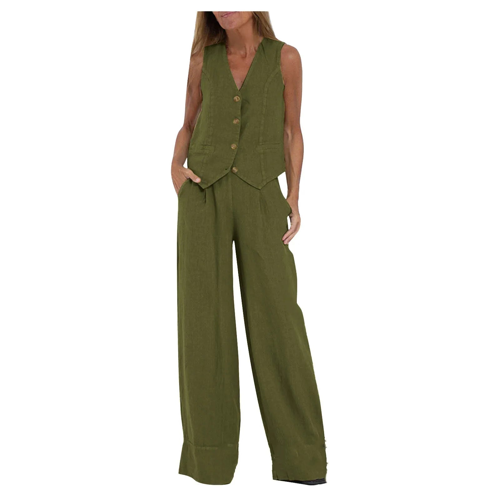 2025 New Women Vest Top + Trousers Patchwork Cotton Linen Casual Suit Summer Solid Women Vest Top + Wide Leg Pants Two Peice Set