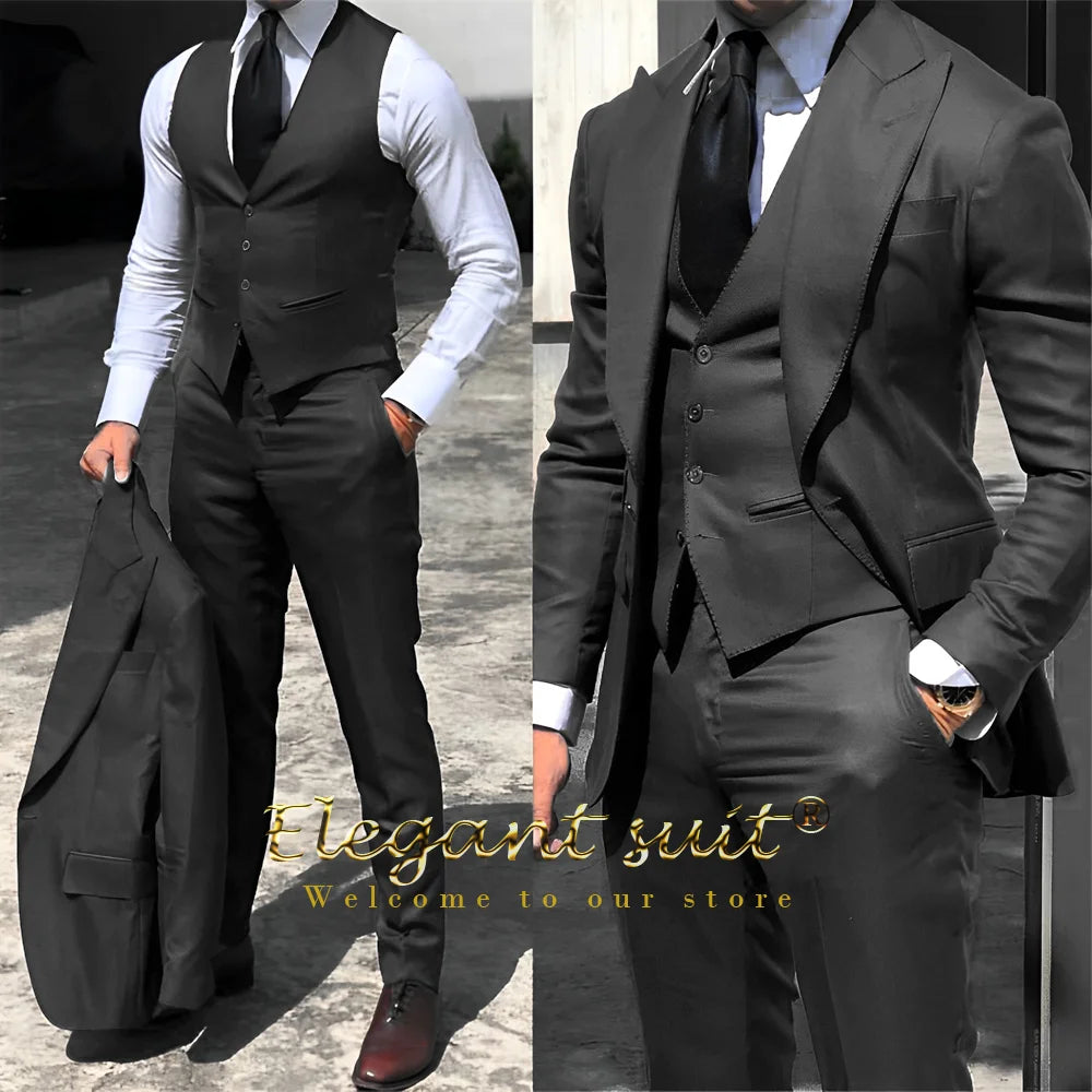 Men's / boys business grey suit 3-piece set (jacket + vest + trousers) advanced custom men's slim office formal suit set