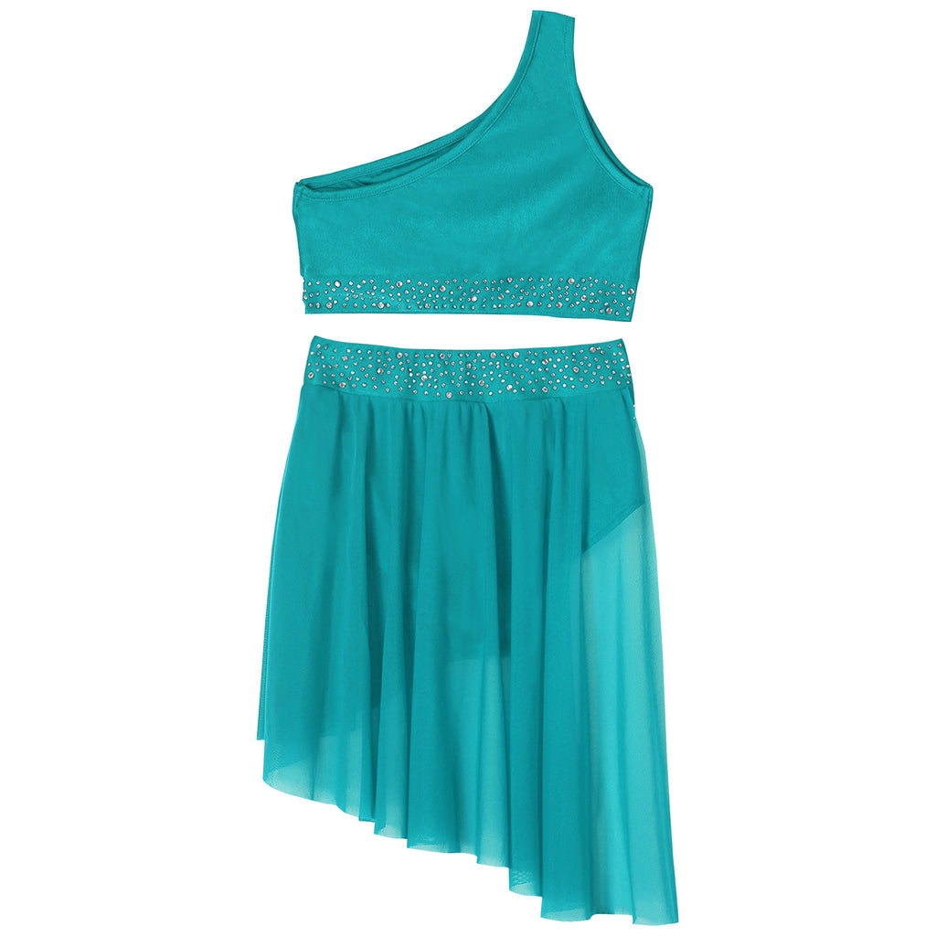 Teen Girls Modern Lyrical Dance Performance Outfit One Shoulder Crop Top with Leotard Skirt for Jazz Skating Ballet Gymnastics