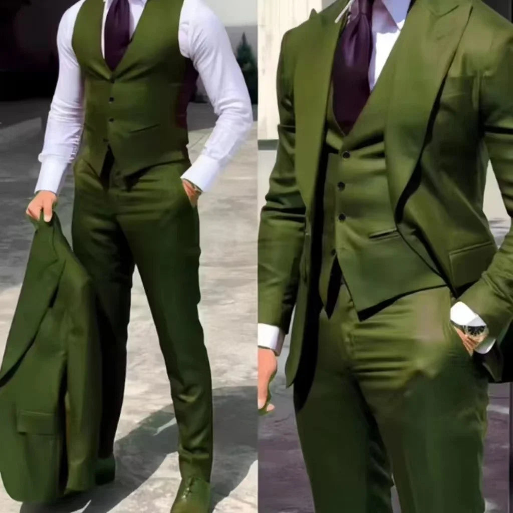 Men's 3-Piece Slim Fit Tuxedo Suits for Wedding Peaked Lapel Groomsmen Blazer Pant Vest Set Business Dress Code