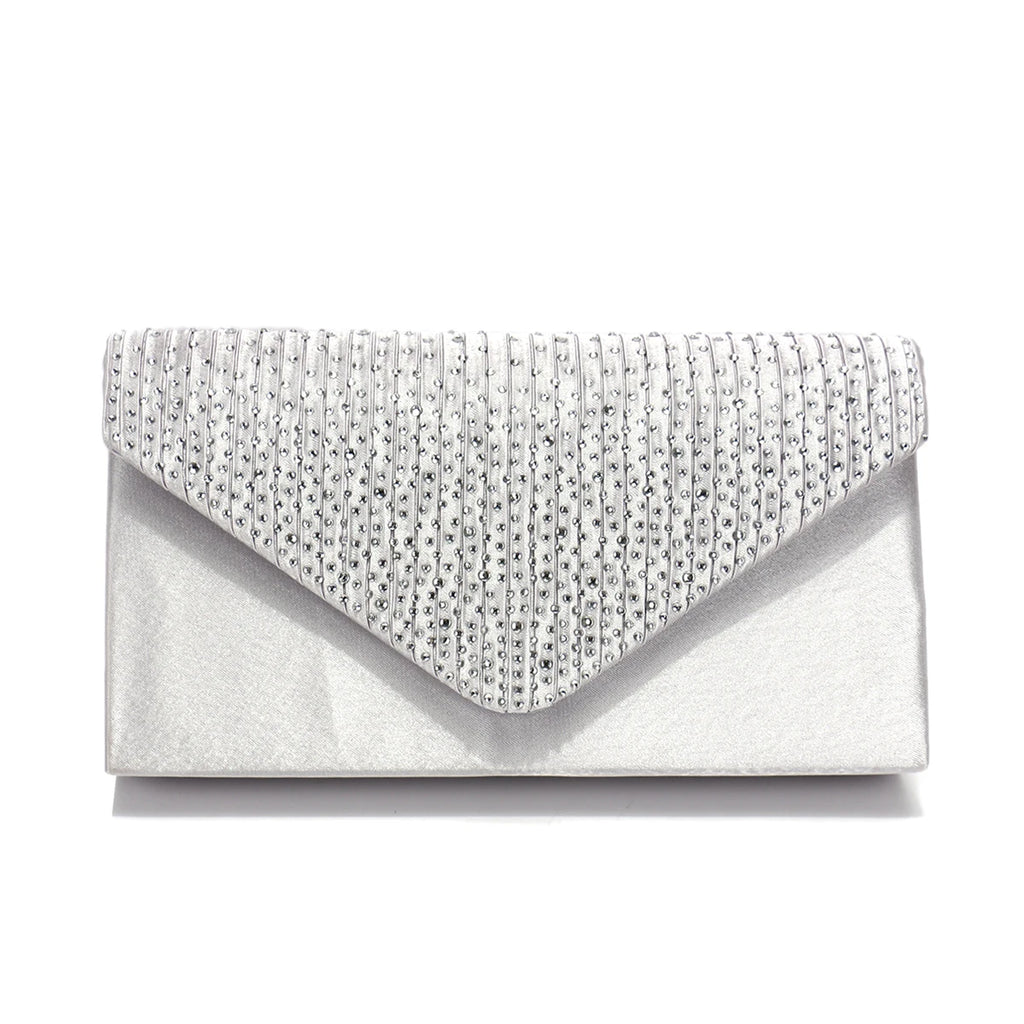 Rhinestones Women Evening Bags Small Envelope Design Handbags Satin Shoulder Chain Handbags Glitter Purple Color Cocktail Purse