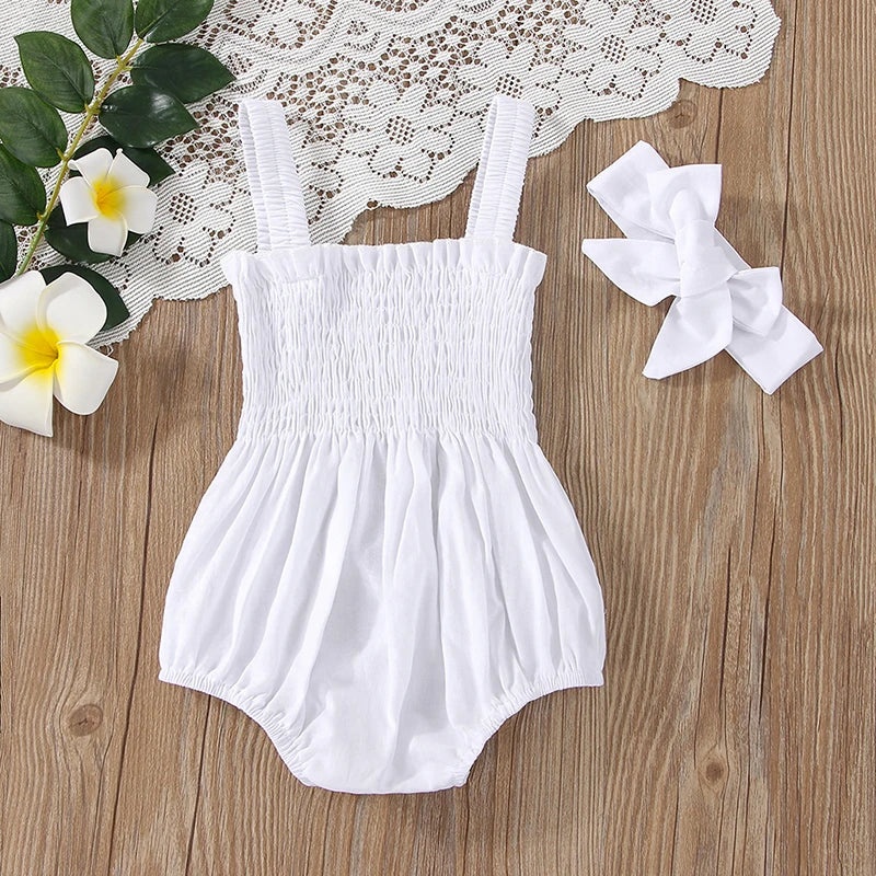 Newborn Baby Girl Romper Sleeveless Ruched Bodysuit Jumpsuit with Headband Infant Summer Baby Girls Clothes Outfits