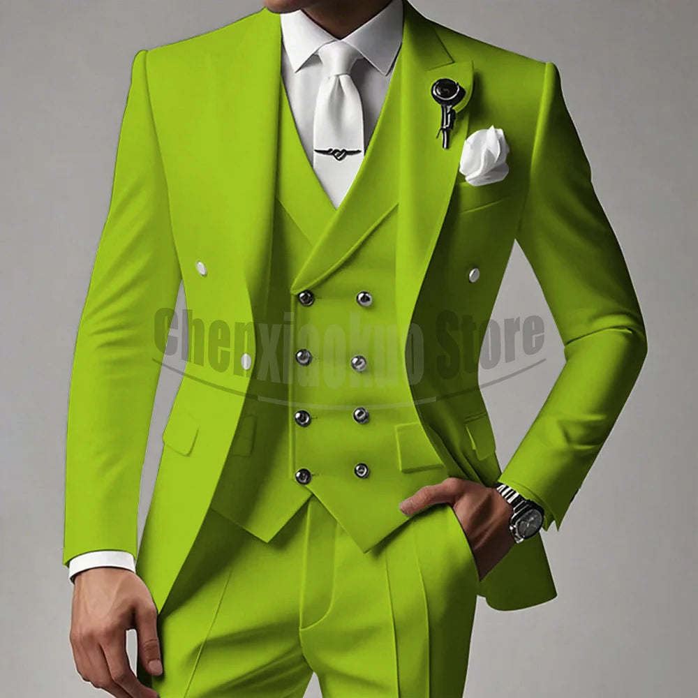 White Men Suits 3 Piece High-end Peak Lapel Solid Color Male Suit Slim Fashion Party Groom Wedding Tuxedos (Blazer+Vest+Pants)