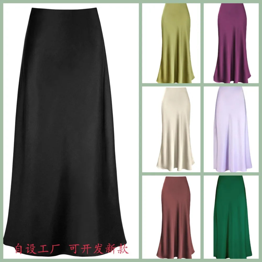 Elegant Faux Silk Satin Skirts for Women High Waist A-line Office Lady  Solid Color Glossy Finish Fishtail Skirt