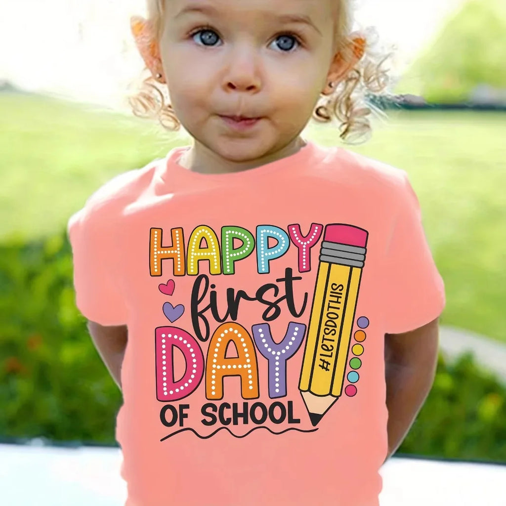 Summer Girls' Casual First Day of School Happy Print T-shirt with Round Neck and Short Sleeve Kids Clothes
