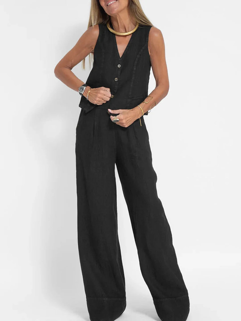 2025 New Women Vest Top + Trousers Patchwork Cotton Linen Casual Suit Summer Solid Women Vest Top + Wide Leg Pants Two Peice Set