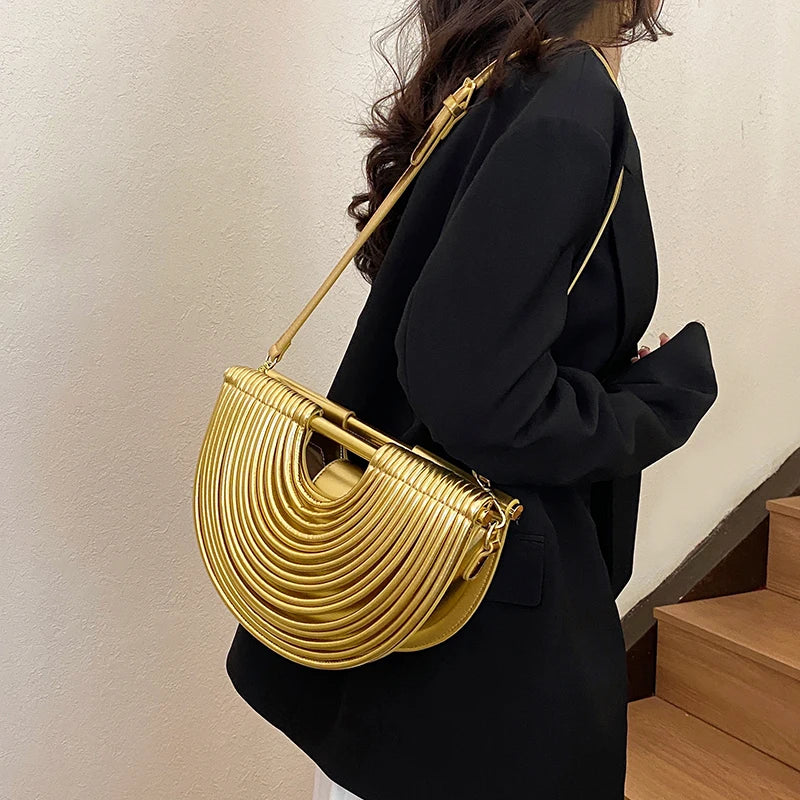 Handbags for Women. New Gold Luxury Designer Brand Handwoven Noodle Bags Rope Knotted Pulled Half Moon Silver Evening Clutch