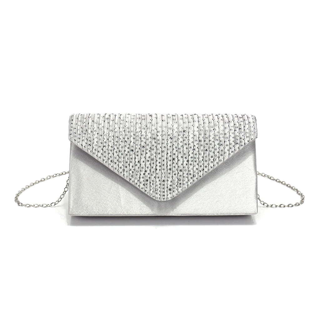 Rhinestones Women Evening Bags Small Envelope Design Handbags Satin Shoulder Chain Handbags Glitter Purple Color Cocktail Purse