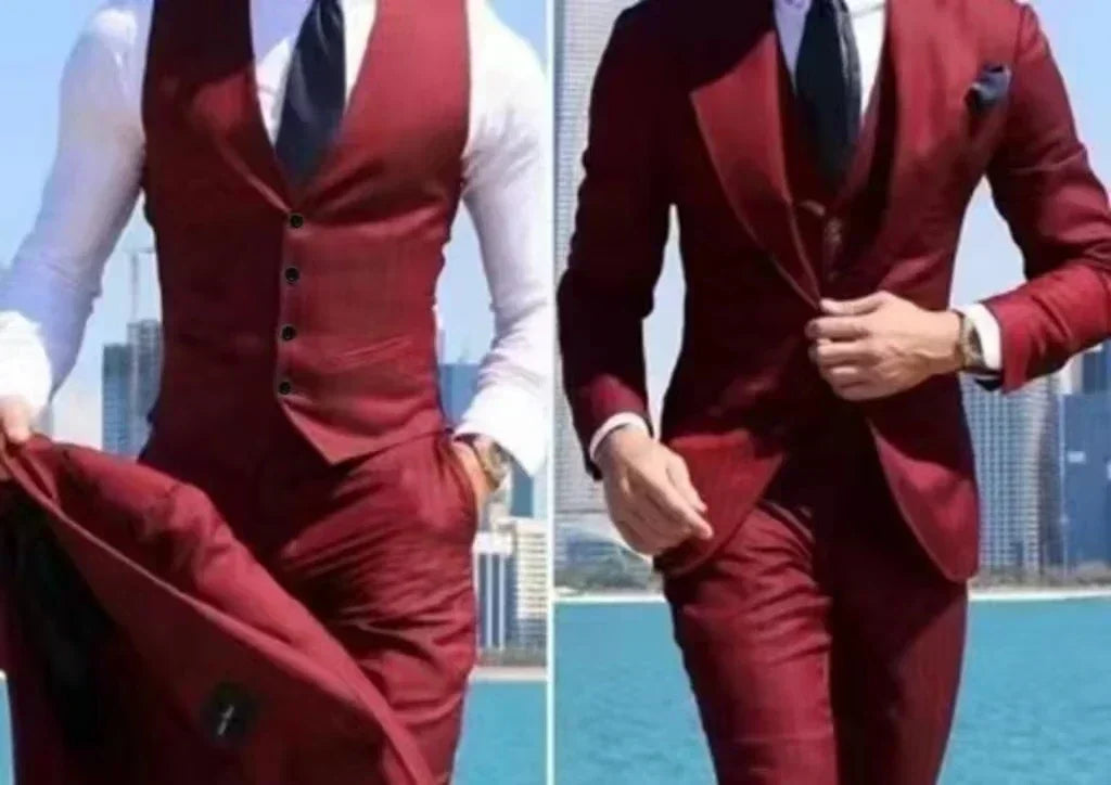 Men's 3-Piece Slim Fit Tuxedo Suits for Wedding Peaked Lapel Groomsmen Blazer Pant Vest Set Business Dress Code