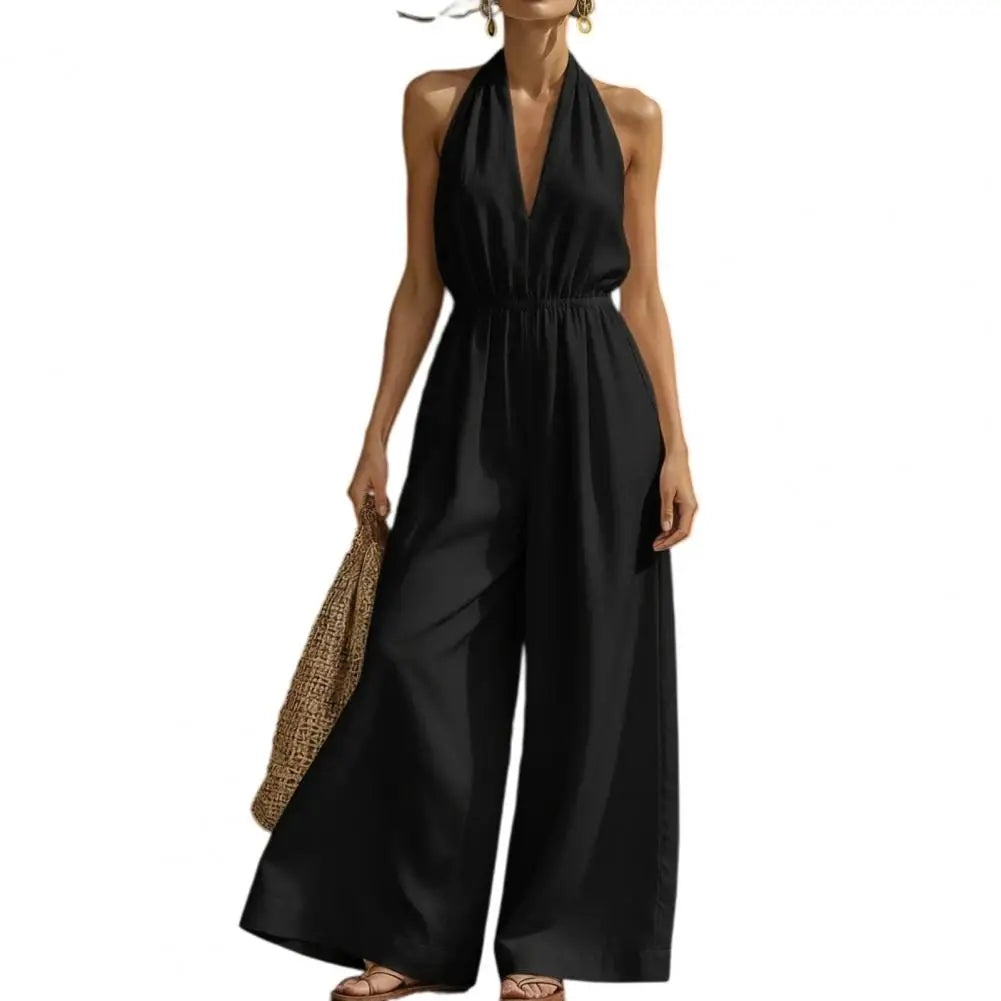 Temperament Elegant Halter Neck Jumpsuits Women Sexy Deep V-neck Backless High Waist Wide Leg Jumpsuit Solid Color Female New