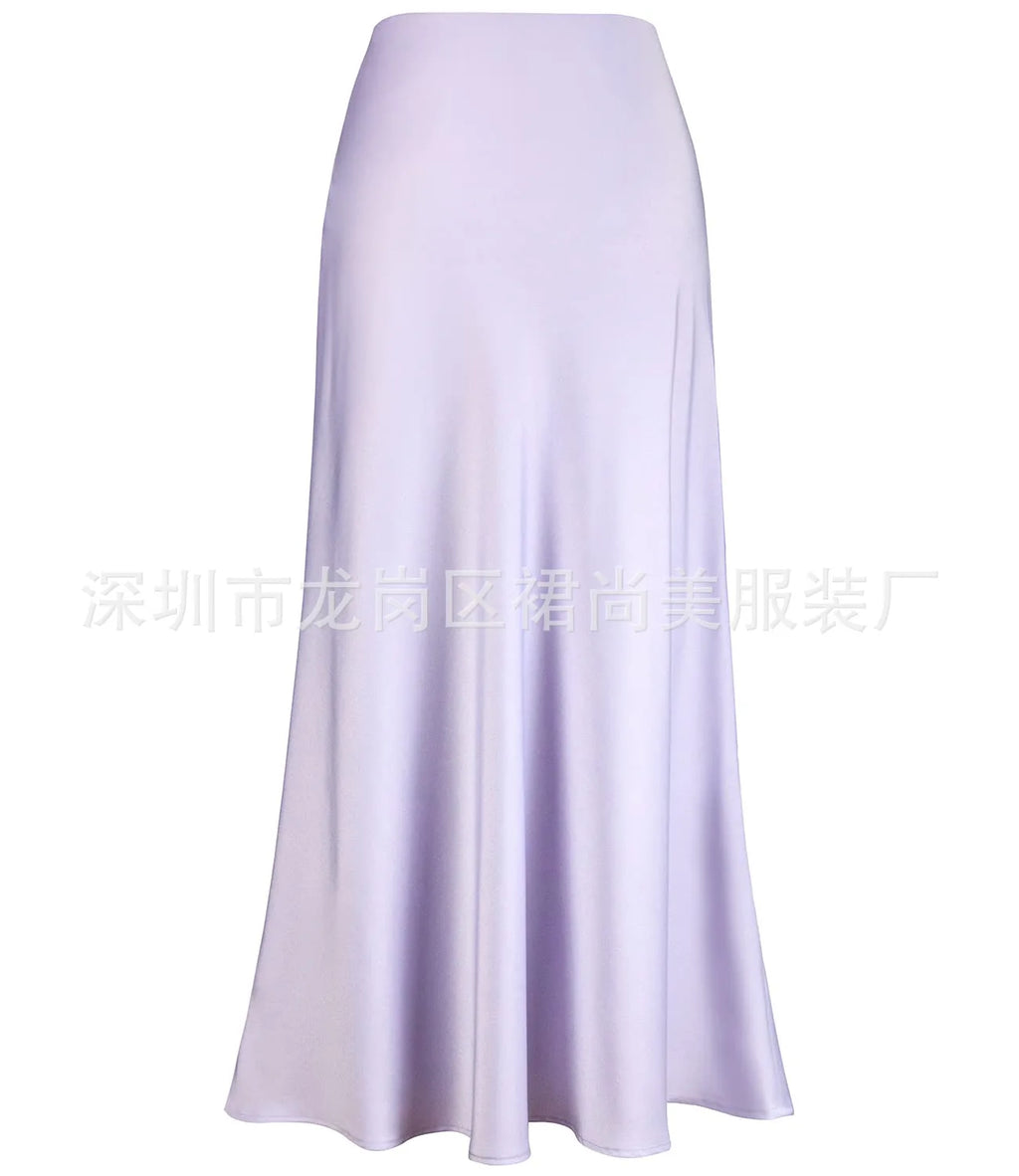 Elegant Faux Silk Satin Skirts for Women High Waist A-line Office Lady  Solid Color Glossy Finish Fishtail Skirt